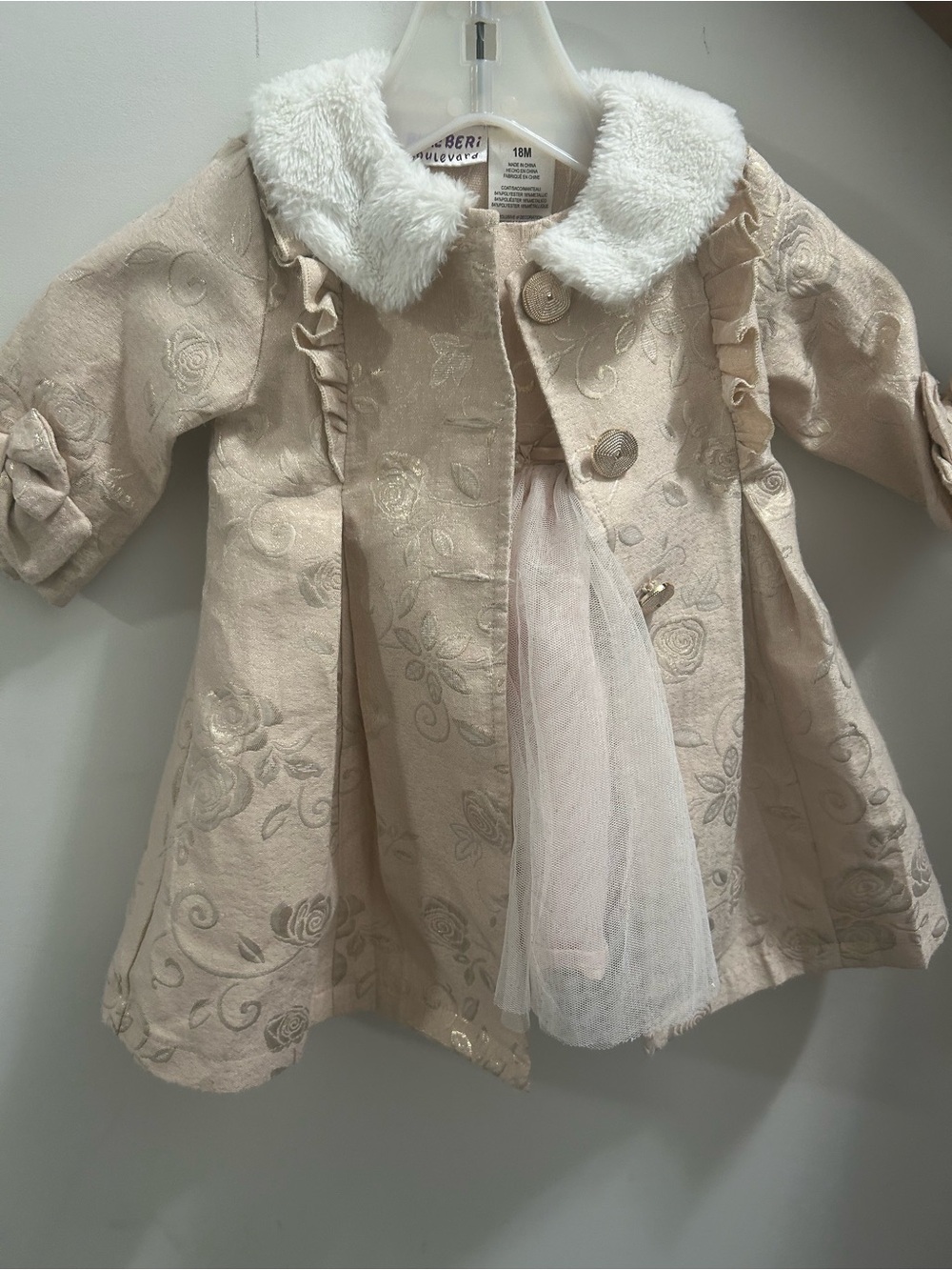 18 month Blueberi Boulevard Cream Floral Jacquard Pea Coat with Faux Fur Collar